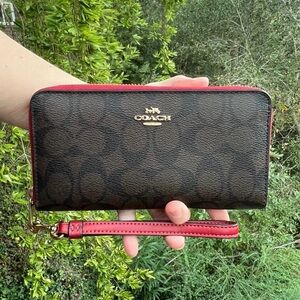 COACH Long Zip-Around Wallet C4452 in Signature Canvas Brown/Red w Gold Hardware